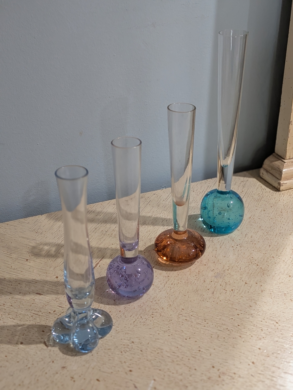 Vintage Handblown Glass Bud Vases - Set of 4 in Blue, Purple, Amber, Teal